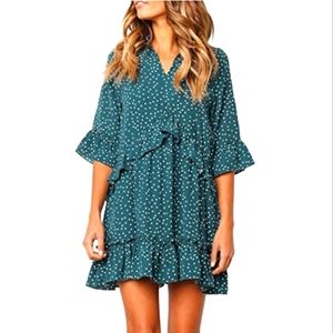 Mitilly Hunter Green Polka Dot Ruffle Swing Dress Sz XL. NWOT
